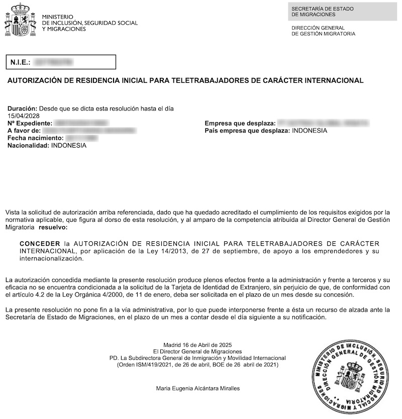 Redacted Digital Nomad Visa approval resolution for Indonesian Social Media Specialist (Client Company in Indonesia)