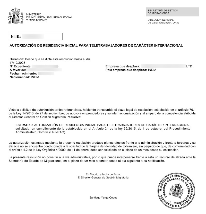 Redacted Digital Nomad Visa approval resolution for Indian Software Development Engineer (Client Company in India)