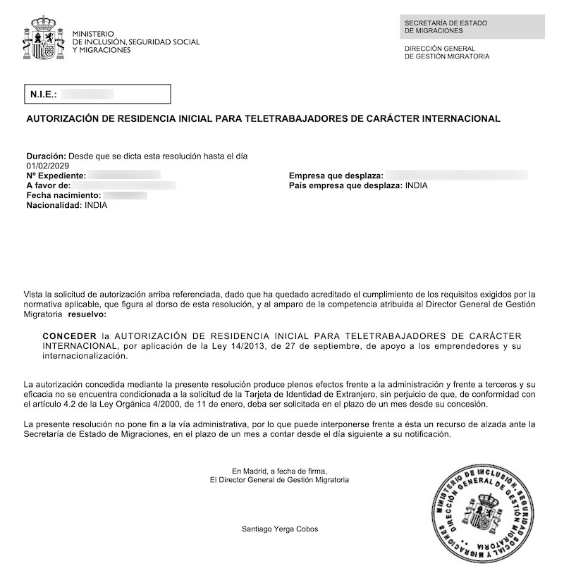 Redacted Digital Nomad Visa approval resolution for Indian Software Developer (Client Company in India)