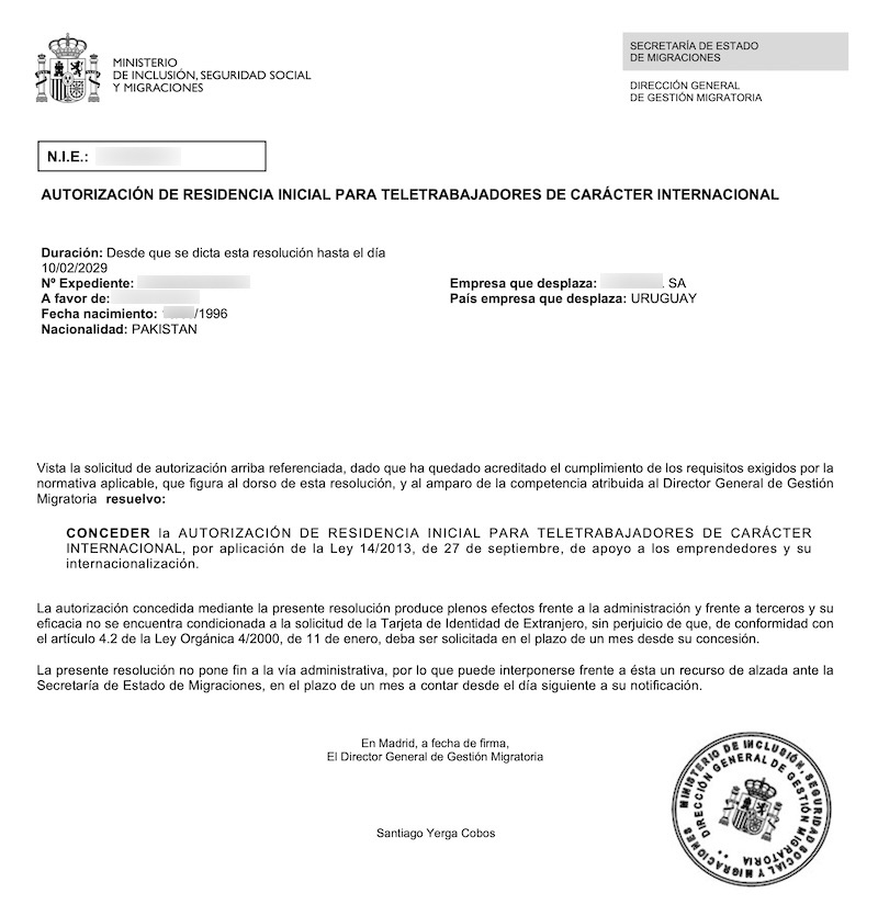 Redacted Digital Nomad Visa approval resolution for Pakistani Senior Software Engineer (Client Company in Uruguay)