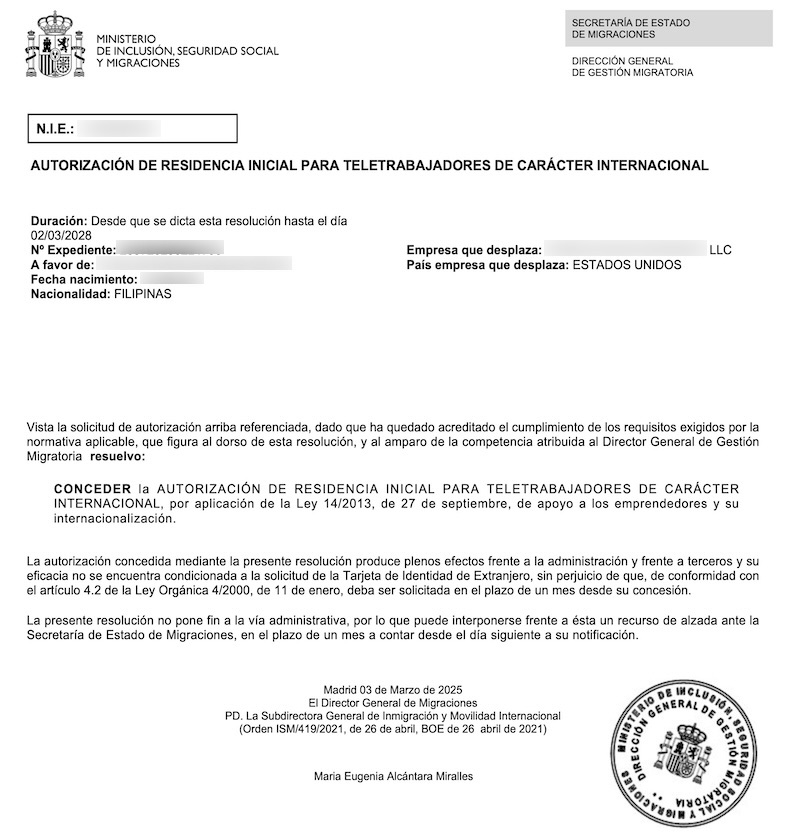 Redacted Digital Nomad Visa approval resolution for Filipino Web Developer (Client Company in California, USA)