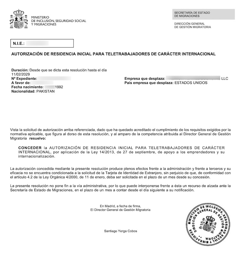 Redacted Digital Nomad Visa approval resolution for Pakistani Senior Marketing Manager (Client Company in Texas, USA)