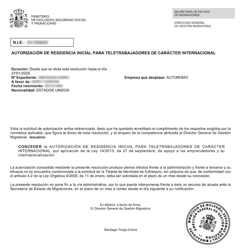Redacted Digital Nomad Visa approval resolution for American Educational Consultant and Bookkeeper (Client Company in Minnesota, USA)