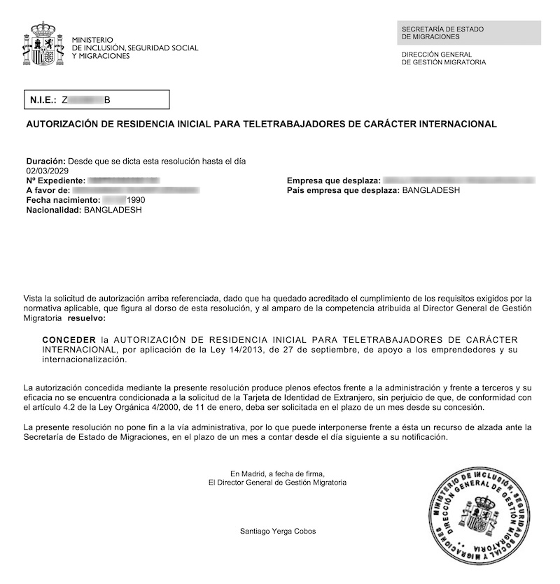 Redacted Digital Nomad Visa approval resolution for Bangladeshi Technical Advisor (Client Company in Bangladesh)
