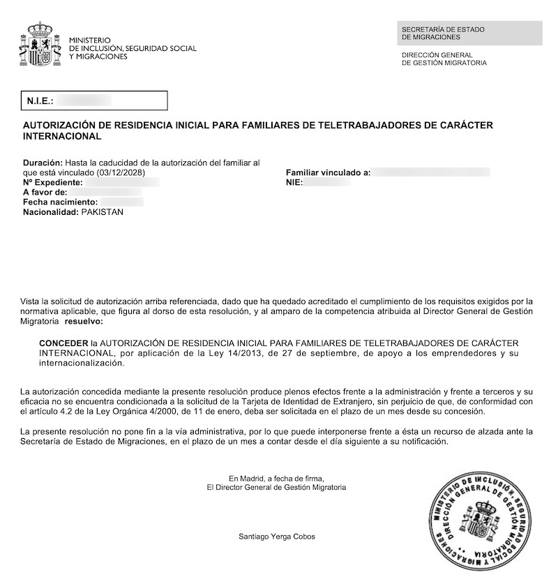 Redacted Digital Nomad Visa approval resolution for Pakistani Spouse Dependent of Senior Analytics Engineer Main Applicant