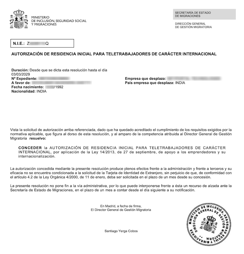 Redacted Digital Nomad Visa approval resolution for Indian Technical Lead (Client Company in India)