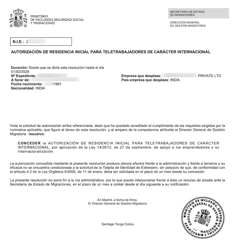 Redacted Digital Nomad Visa approval resolution for Indian Tech Professional (Client Company in India)