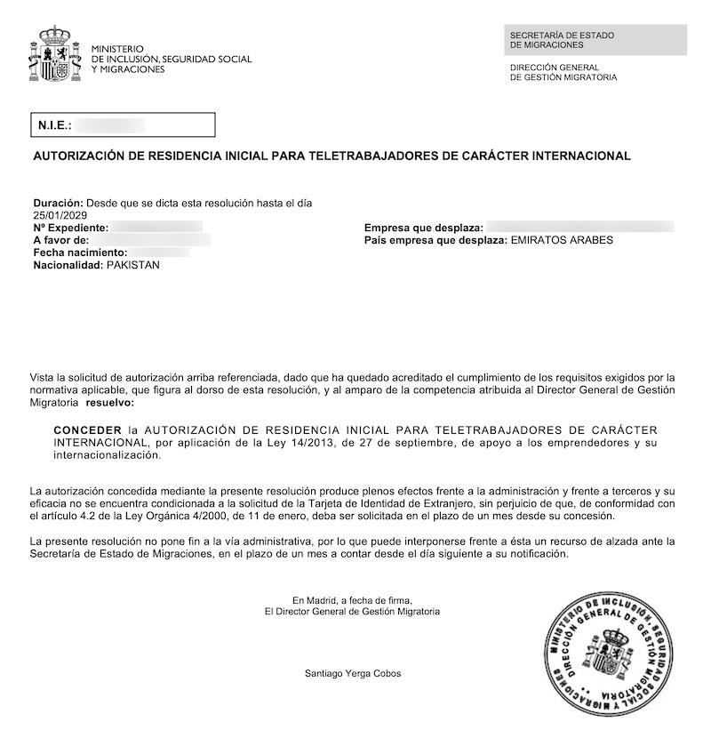 Redacted Digital Nomad Visa approval resolution for Pakistani General Manager (Client Company in United Arab Emirates)