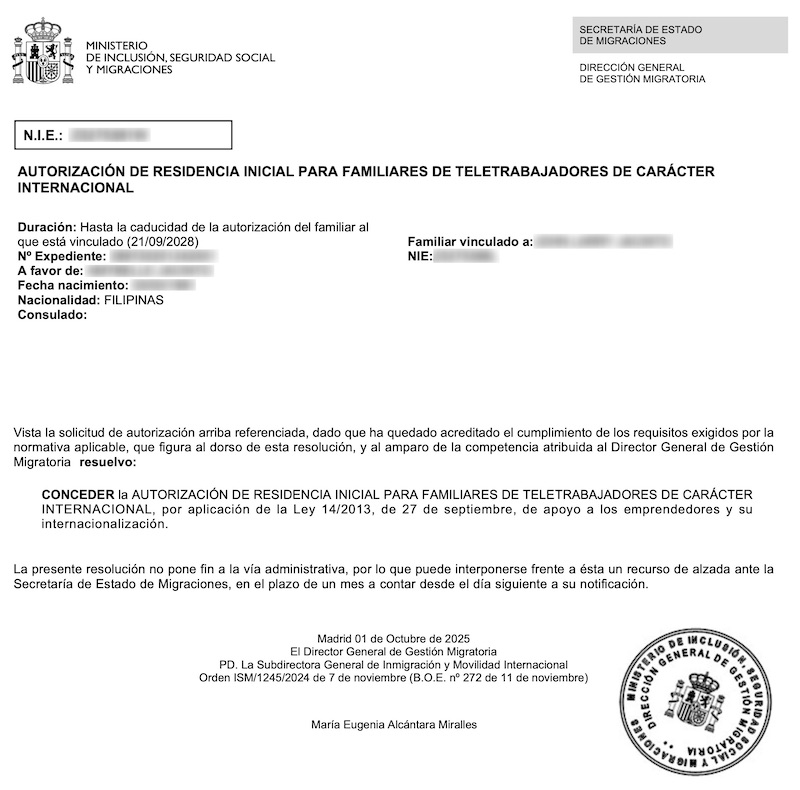 Redacted Digital Nomad Visa approval resolution for Filipino Spouse Dependent of Video Editor Main Applicant