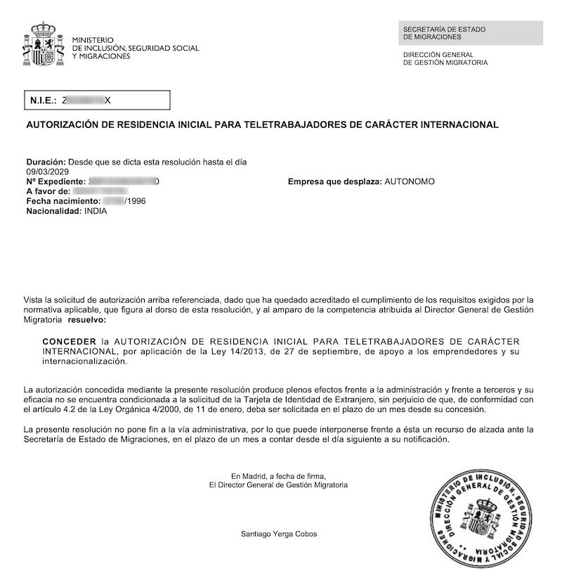 Redacted Digital Nomad Visa approval resolution for Indian QA Software Development Engineer (Client Company in India)