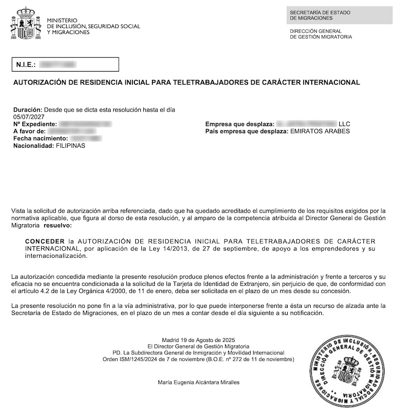 Redacted Digital Nomad Visa approval resolution for Filipino Sales Officer (Client Company in United Arab Emirates)