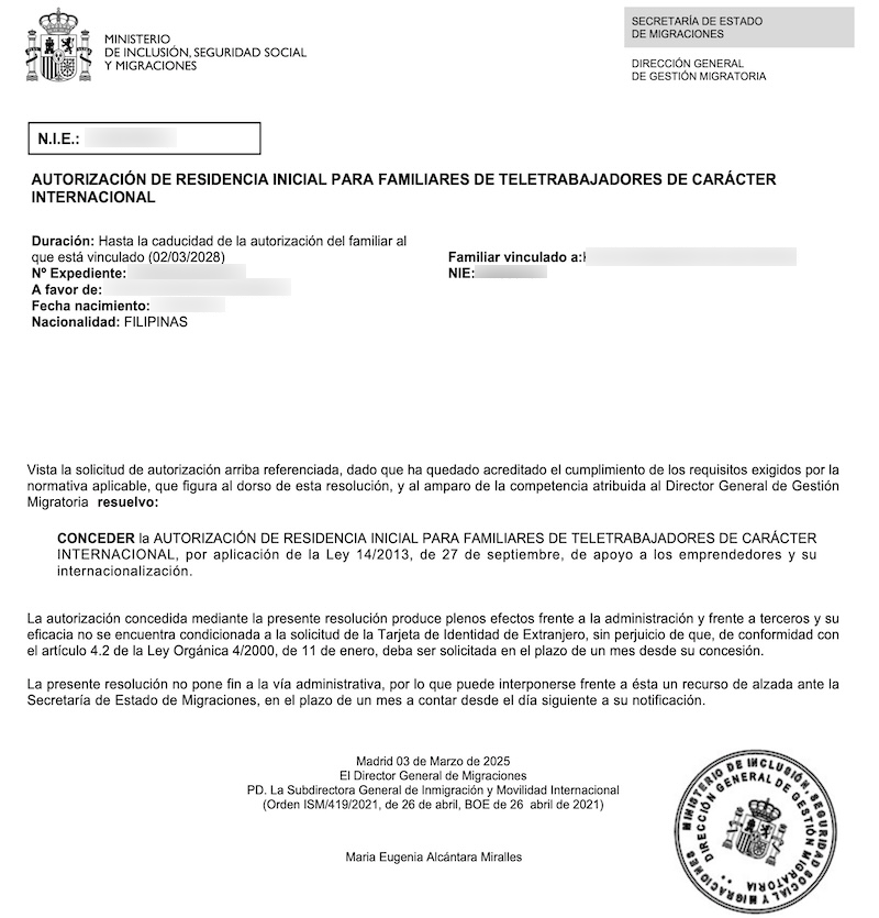 Redacted Digital Nomad Visa approval resolution for Filipino Minor Dependent with Only One Parent