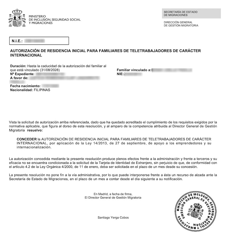 Redacted Digital Nomad Visa approval resolution for Filipino Minor Dependent Born in Spain