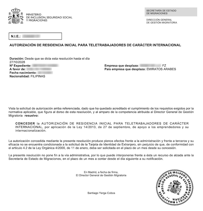Redacted Digital Nomad Visa approval resolution for Filipino Stall and Market Salesperson (Client Company in United Arab Emirates)